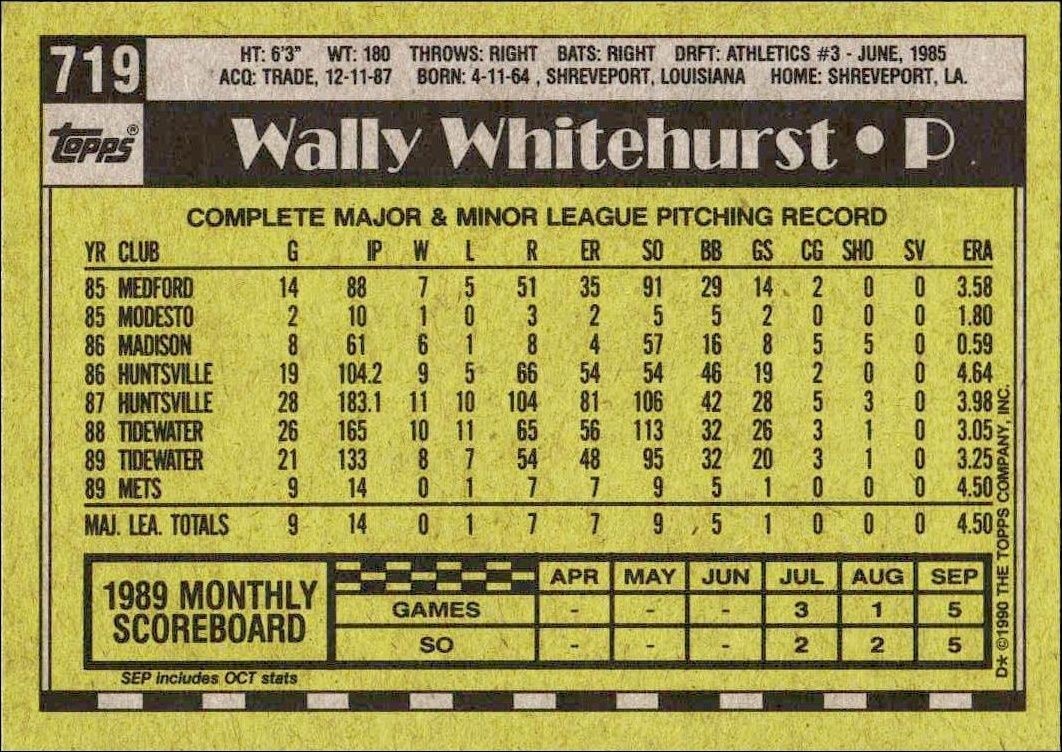 1990 Topps Wally Whitehurst #719 baseball trading card back