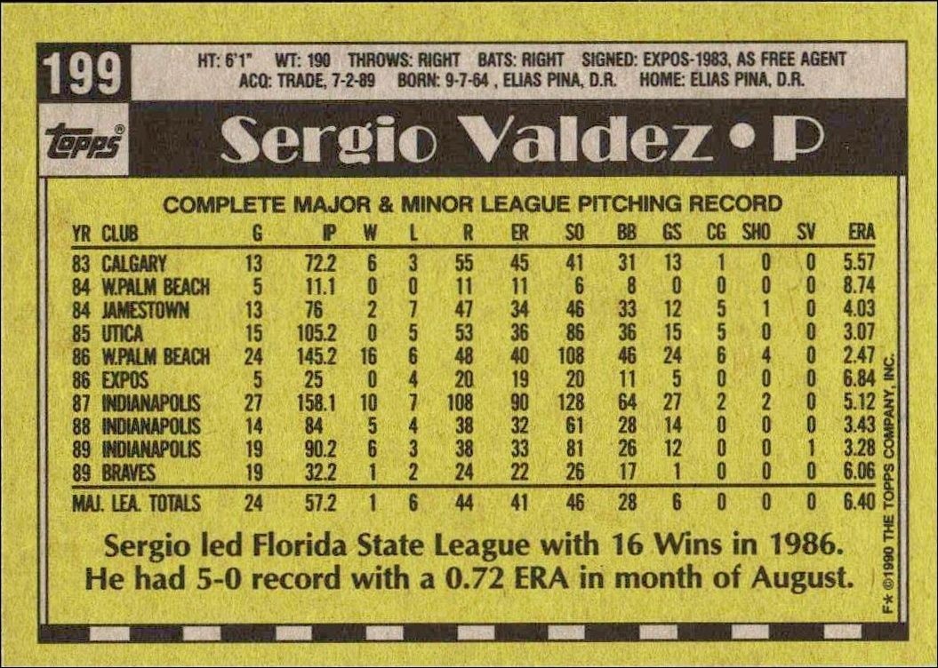 1990 Topps Sergio Valdez #199 baseball trading card back