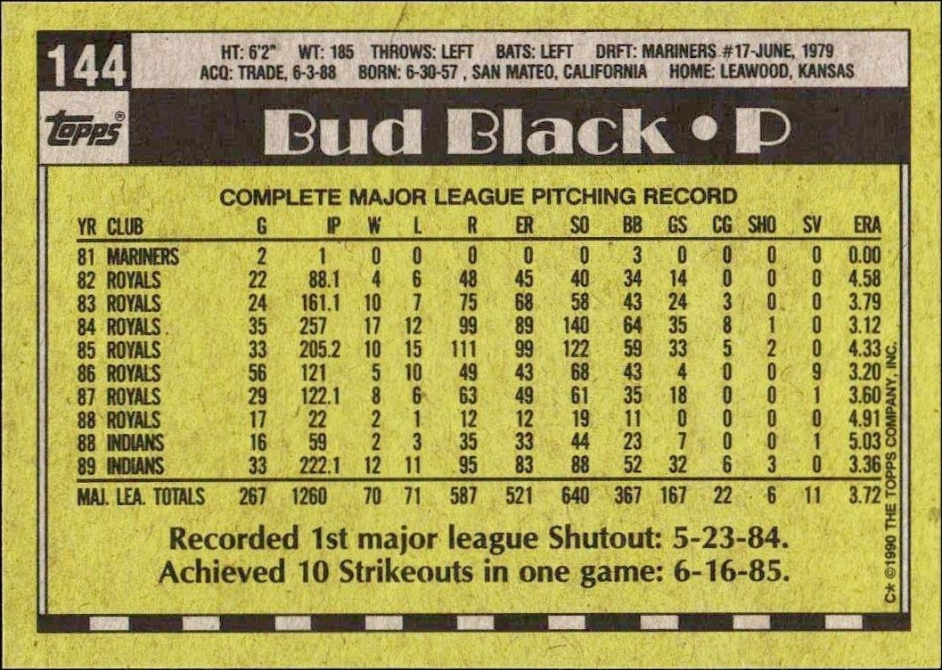 1990 Topps Bud Black #144 baseball trading card back