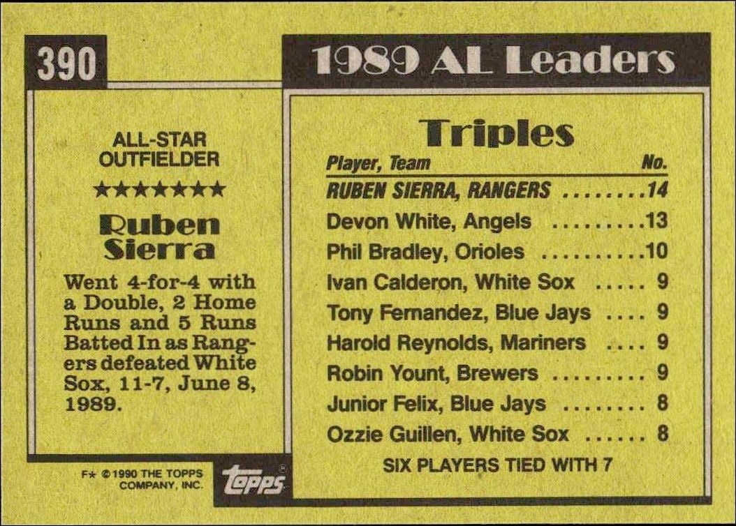 1990 Topps Ruben Sierra #390 baseball trading card back
