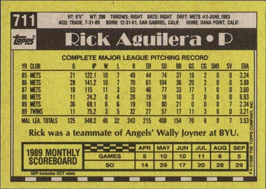 1990 Topps Rick Aguilera #711 baseball trading card back