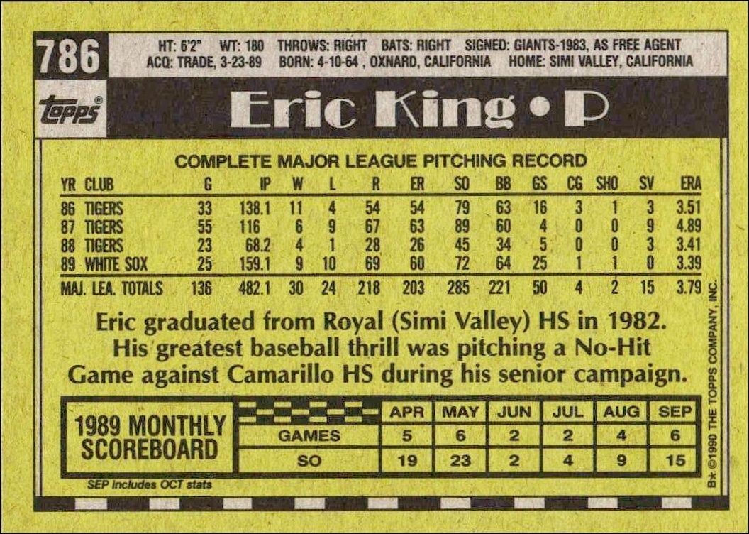 1990 Topps Eric King #786 baseball trading card back