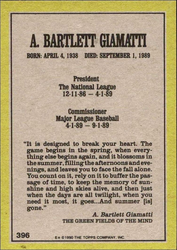 1990 Topps A. Bartlett Giamatti #396 baseball trading card back