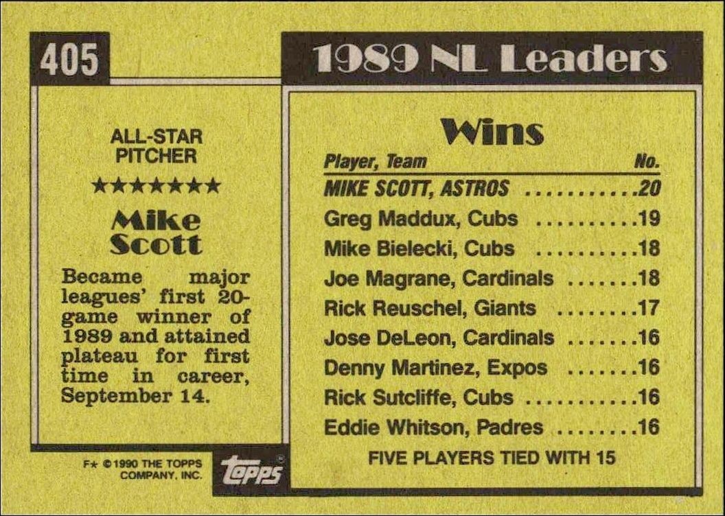 1990 Topps Mike Scott #405 baseball trading card back