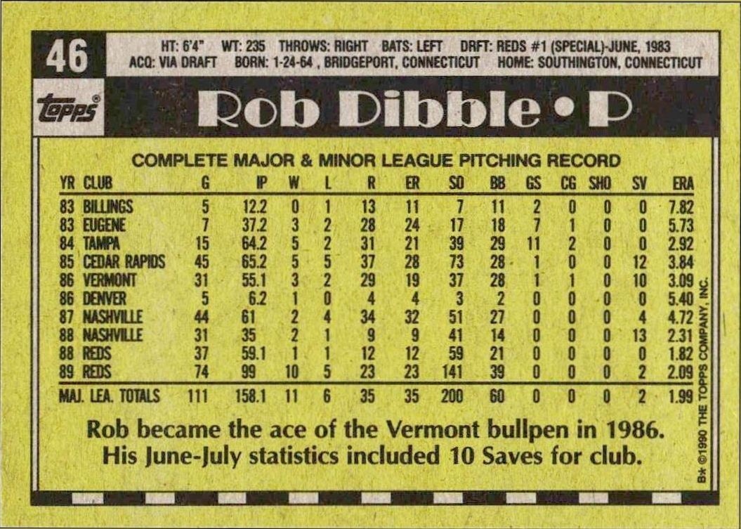 1990 Topps Rob Dibble #46 baseball trading card back