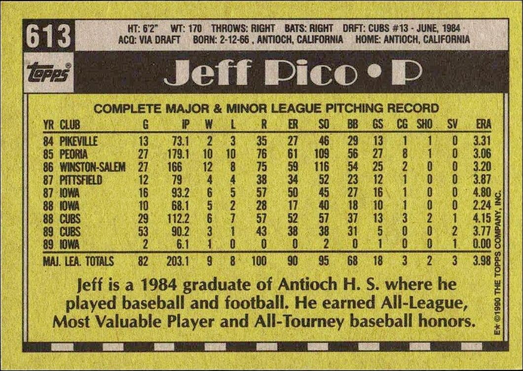 1990 Topps Jeff Pico #613 baseball trading card back