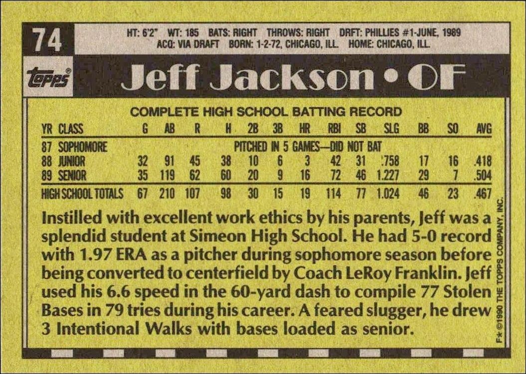 1990 Topps Jeff Jackson #74 baseball trading card back