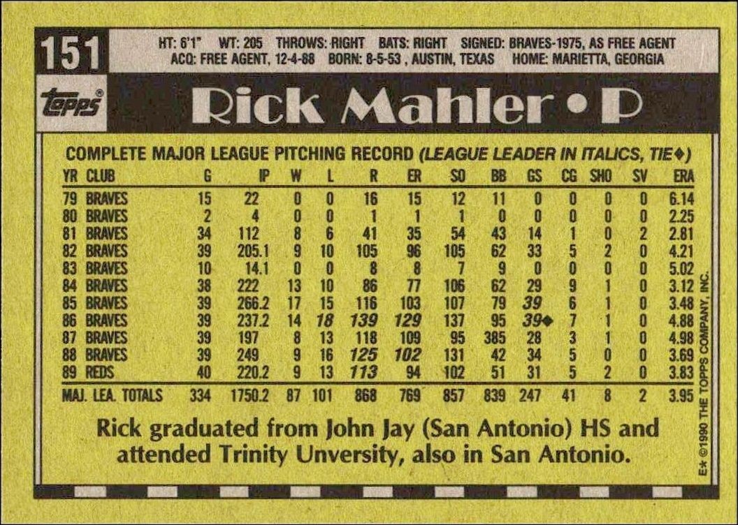 1990 Topps Rick Mahler #151 baseball trading card back