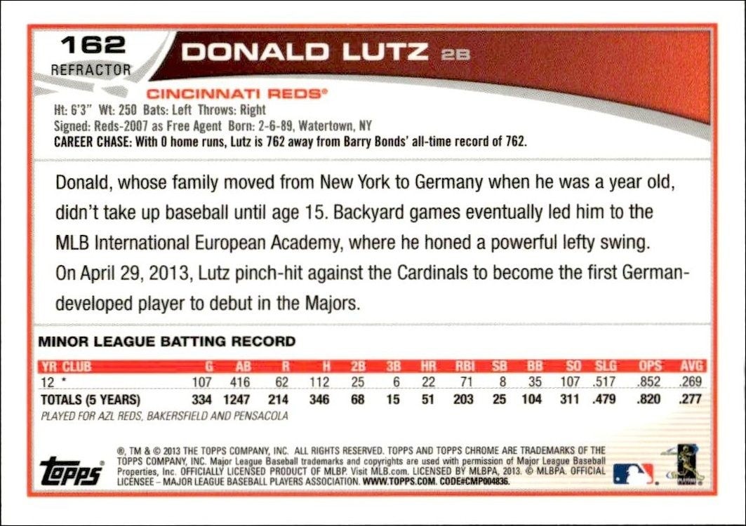 2013 Topps Chrome Donald Lutz #162 baseball trading card back