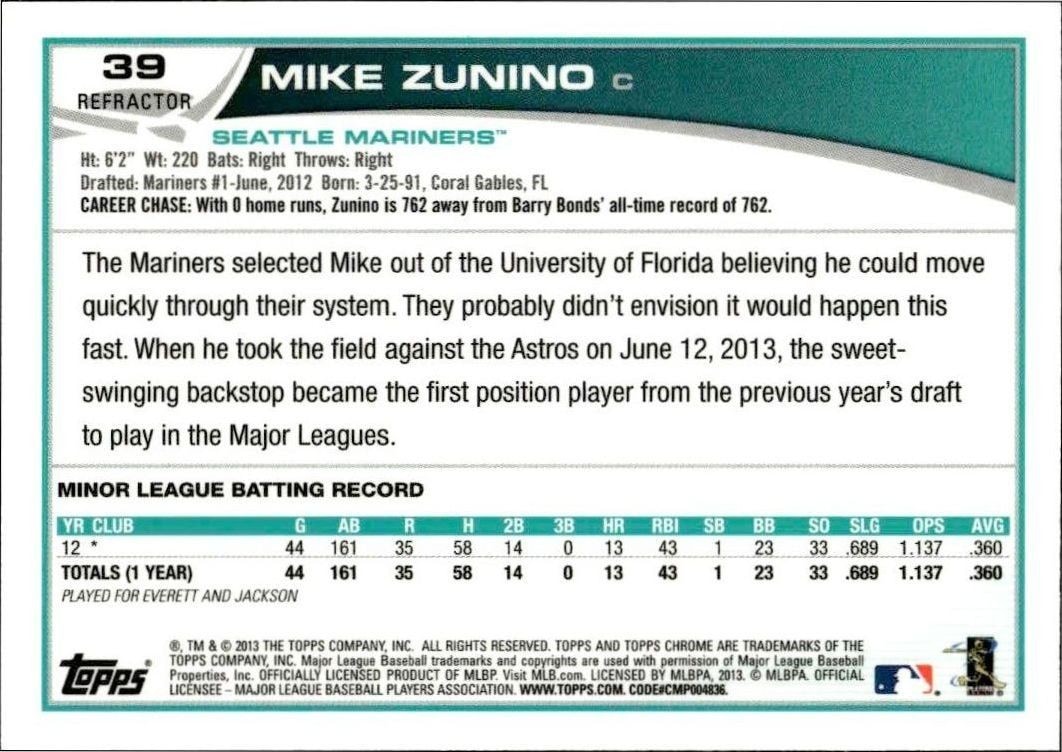 2013 Topps Chrome Mike Zunino #39 baseball trading card back