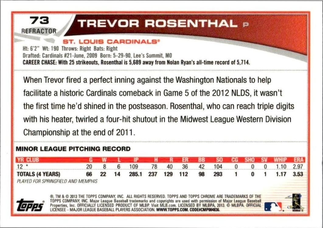 2013 Topps Chrome Trevor Rosenthal #73 baseball trading card back