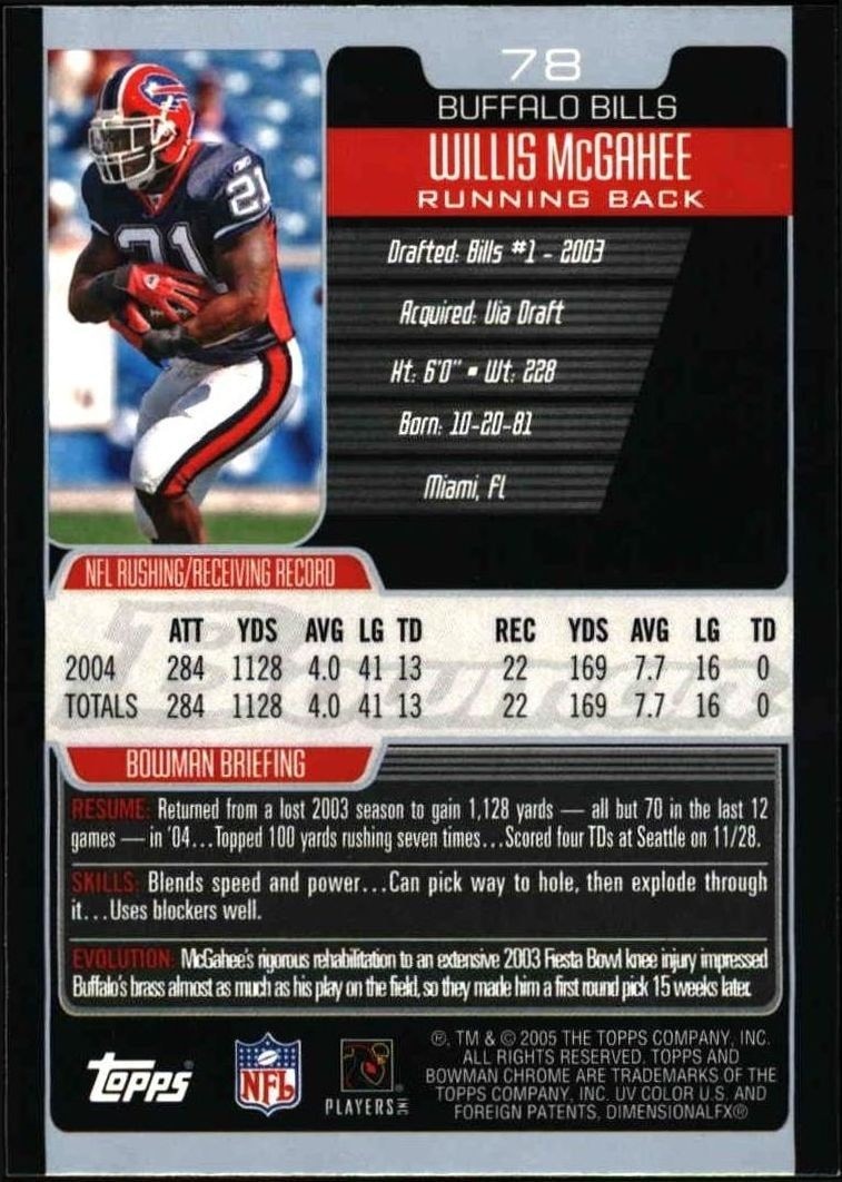 2005 Bowman Chrome Willis McGahee #78 football trading card back