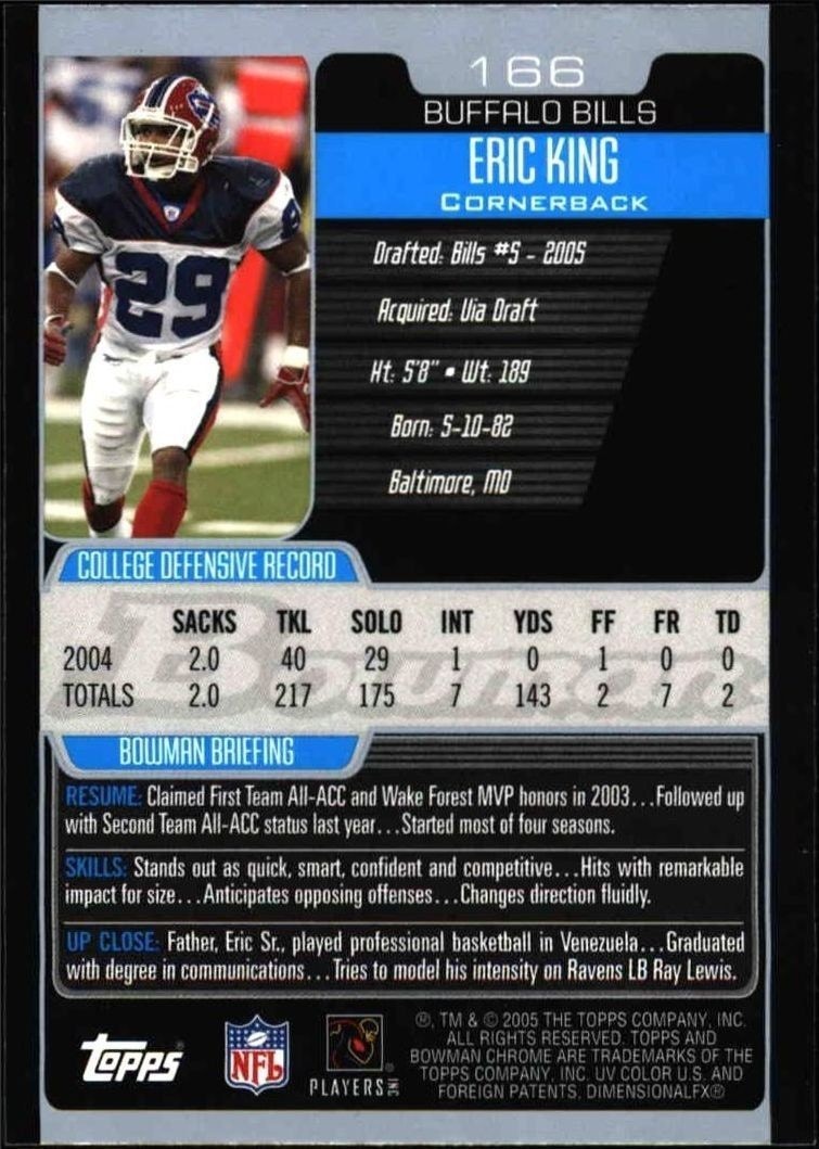 2005 Bowman Chrome Eric King #166 football trading card back