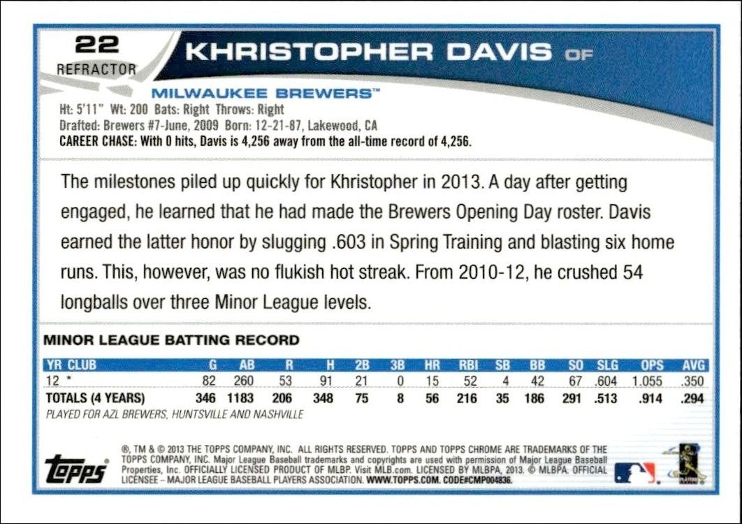 2013 Topps Chrome Khristopher Davis #22 baseball trading card back