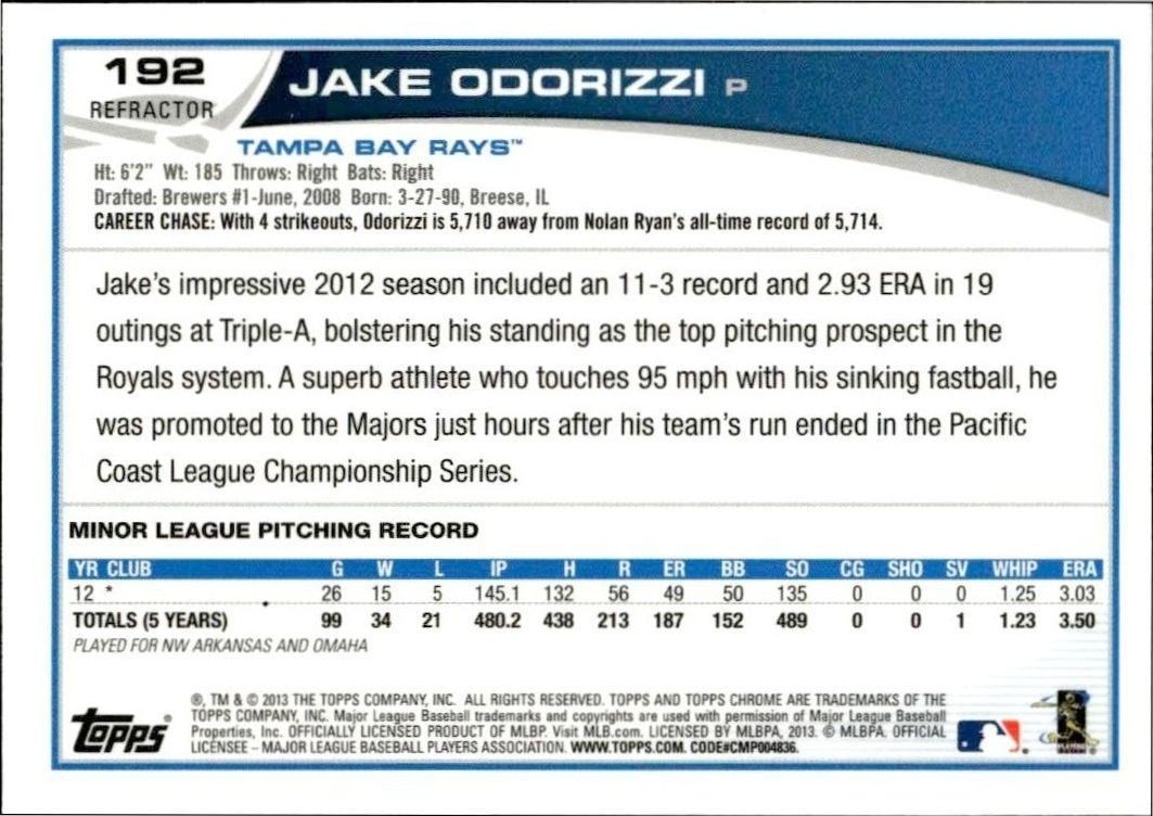 2013 Topps Chrome Jake Odorizzi #192 baseball trading card back