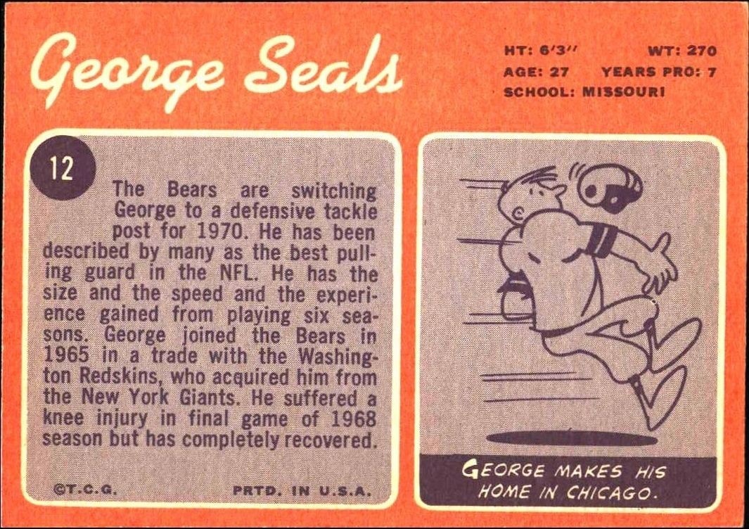 1970 Topps George Seals #12 football trading card back