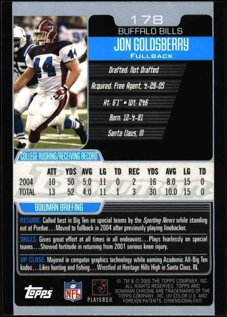 2005 Bowman Chrome Jon Goldsberry #178 football trading card back