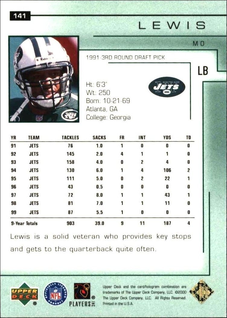 2000 Upper Deck Encore Mo Lewis #141 football trading card back