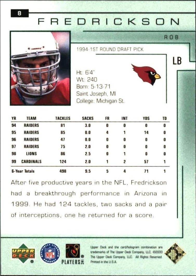 2000 Upper Deck Encore Rob Fredrickson #8 football trading card back