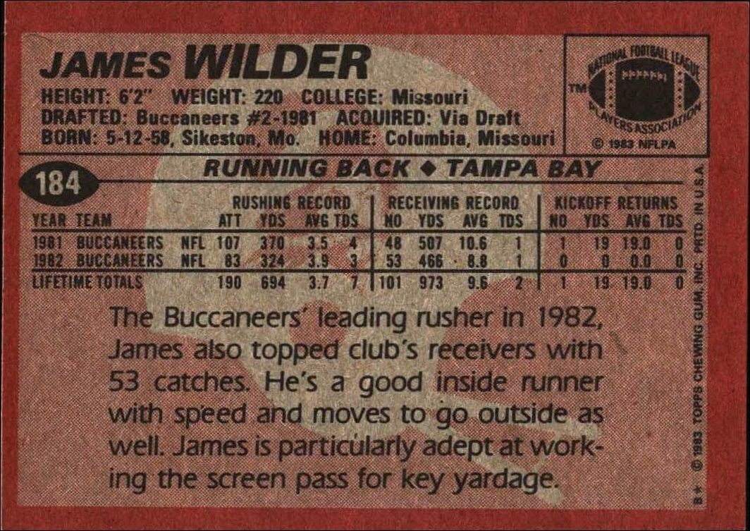 1983 Topps James Wilder #184 football trading card back