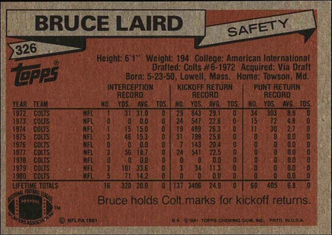 1981 Topps Bruce Laird #326 football trading card back