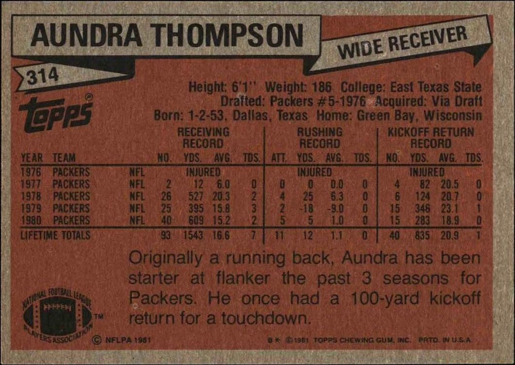 1981 Topps Aundra Thompson #314 football trading card back