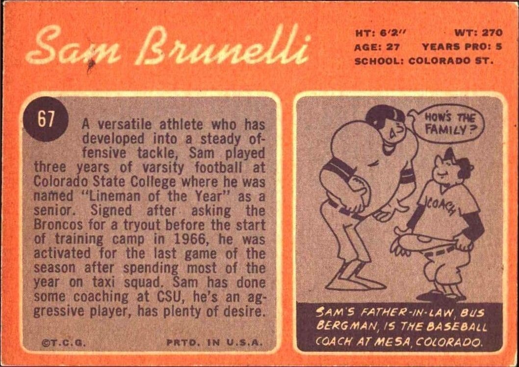 1970 Topps Sam Brunelli #67 football trading card back