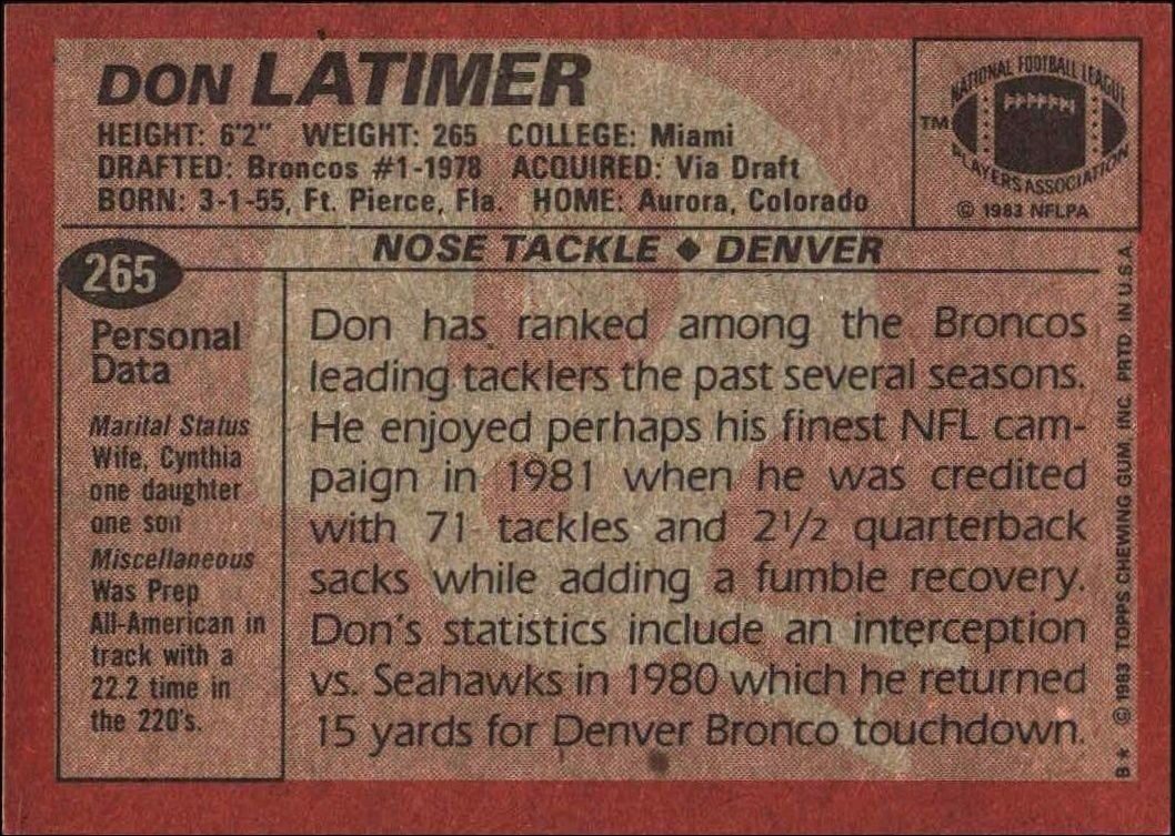 1983 Topps Don Latimer #265 football trading card back