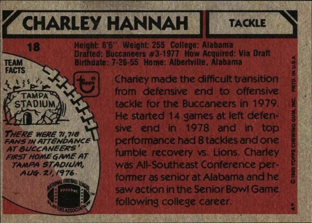1980 Topps Charley Hannah #18 football trading card back