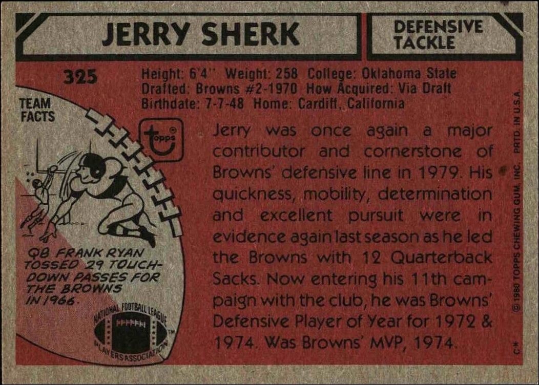 1980 Topps Jerry Sherk #325 football trading card back