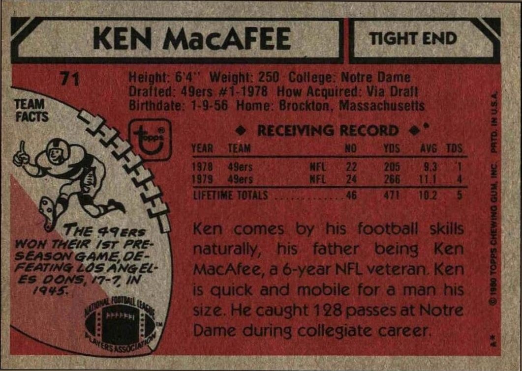 1980 Topps Ken MacAfee #71 football trading card back