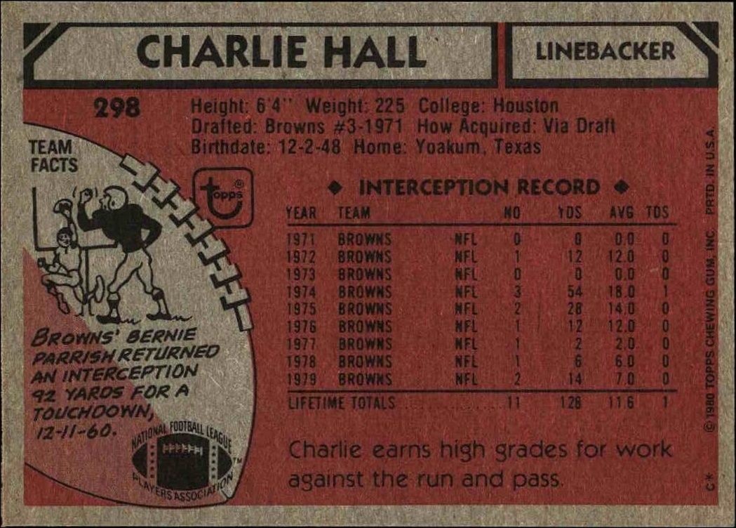 1980 Topps Charlie Hall #298 football trading card back
