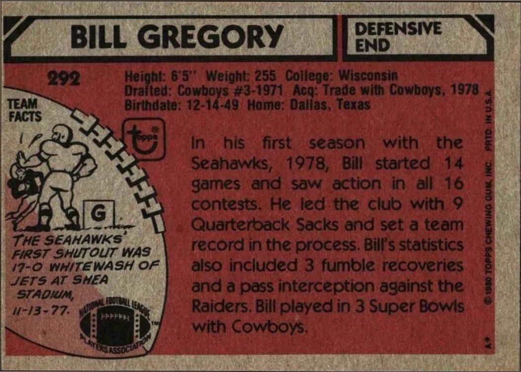 1980 Topps Bill Gregory #292 football trading card back