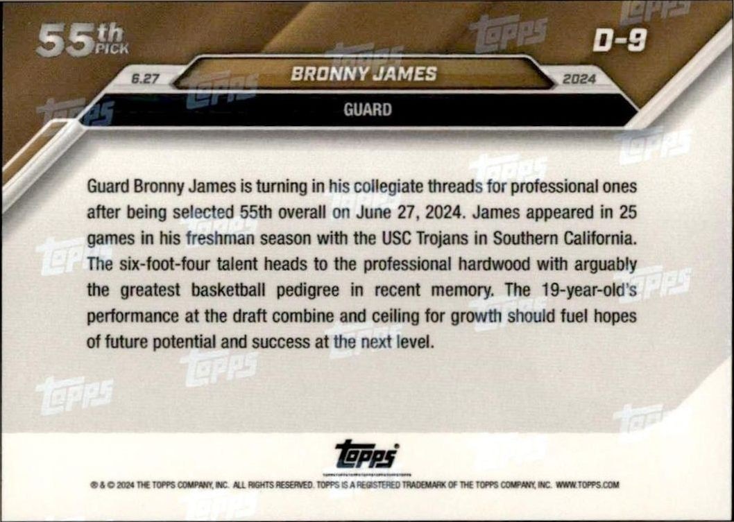 2024-25 Topps Now Bronny James #D-9 basketball trading card back