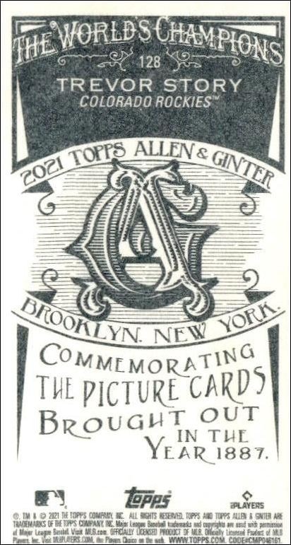 2021 Topps Allen & Ginter Trevor Story #128 baseball trading card back
