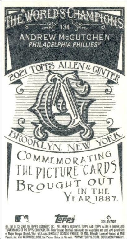 2021 Topps Allen & Ginter Andrew McCutchen #134 baseball trading card back