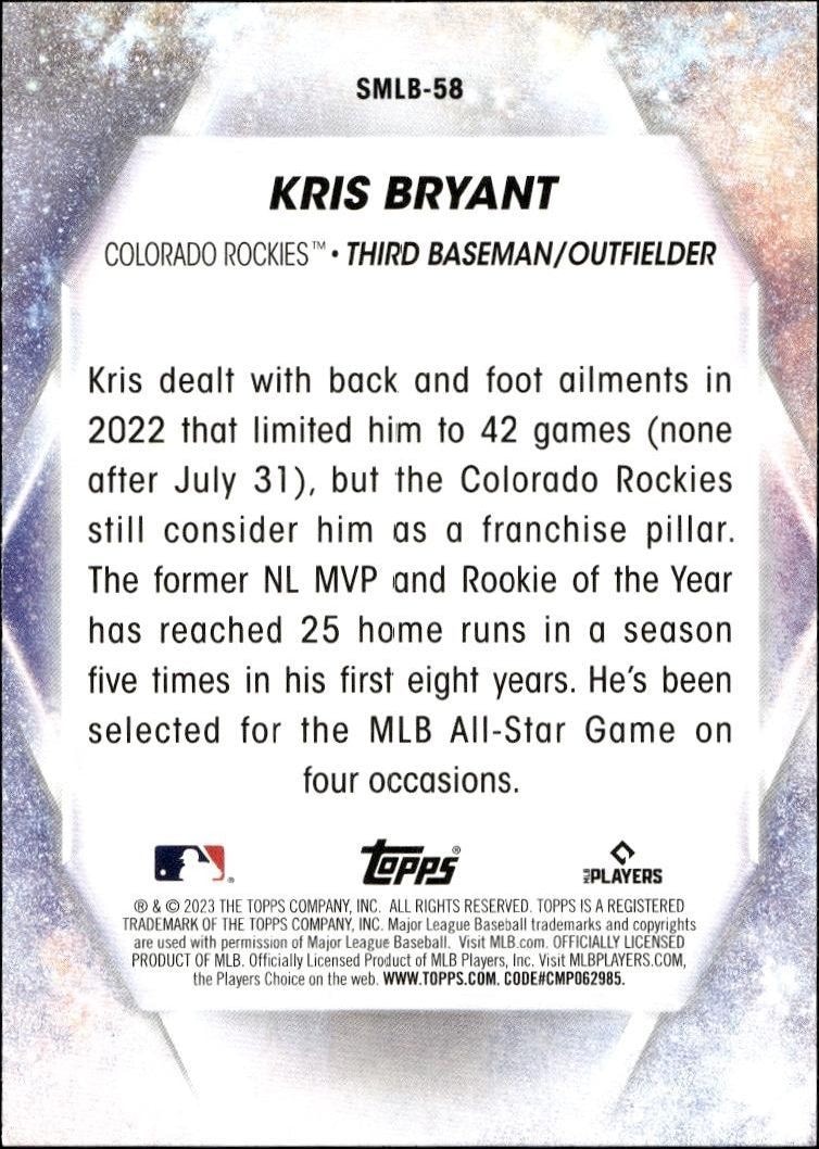 2023 Topps Series 2 Kris Bryant #SMLB-58 baseball trading card back