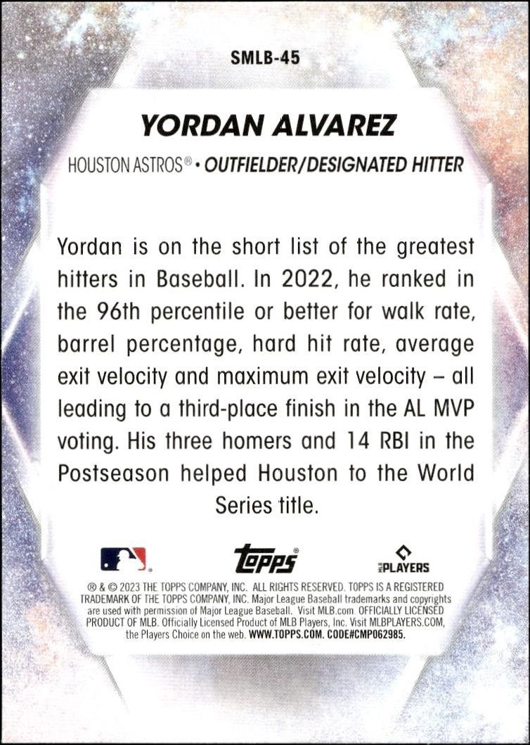 2023 Topps Series 2 Yordan Alvarez #SMLB-45 baseball trading card back