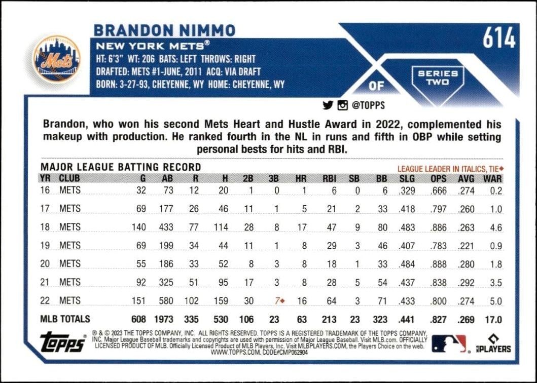2023 Topps Series 2 Brandon Nimmo #614 baseball trading card back