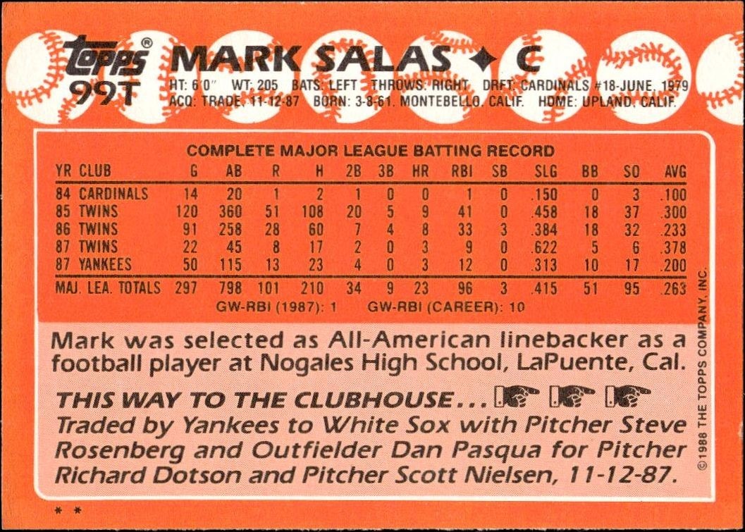 1988 Topps Traded Mark Salas #99T baseball trading card back