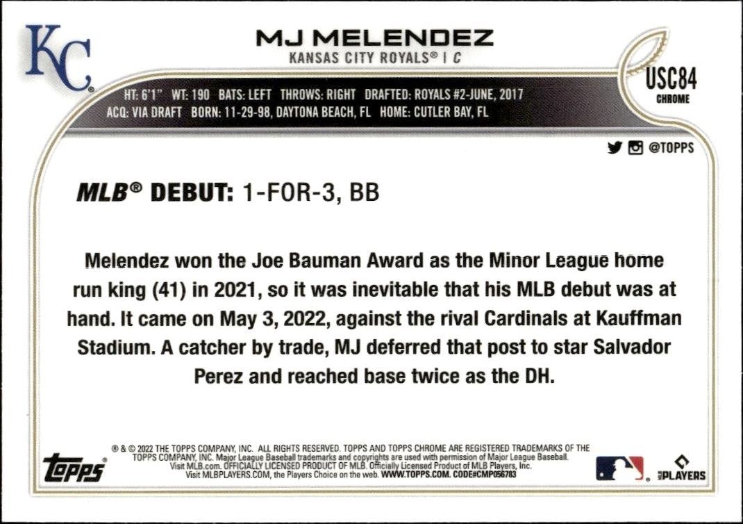 2022 Topps Chrome Update MJ Melendez #USC84 baseball trading card back