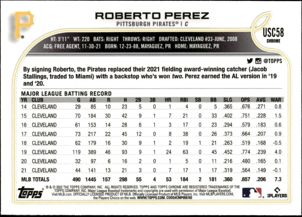 2022 Topps Chrome Update Roberto Perez #USC58 baseball trading card back