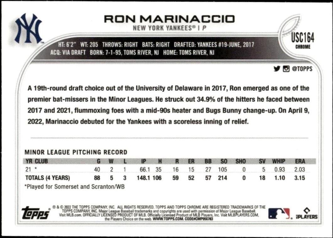 2022 Topps Chrome Update Ron Marinaccio #USC164 baseball trading card back