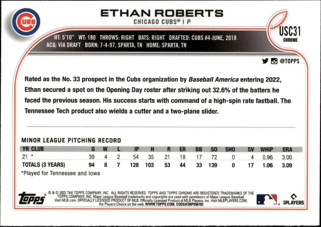 2022 Topps Chrome Update Ethan Roberts #USC31 baseball trading card back