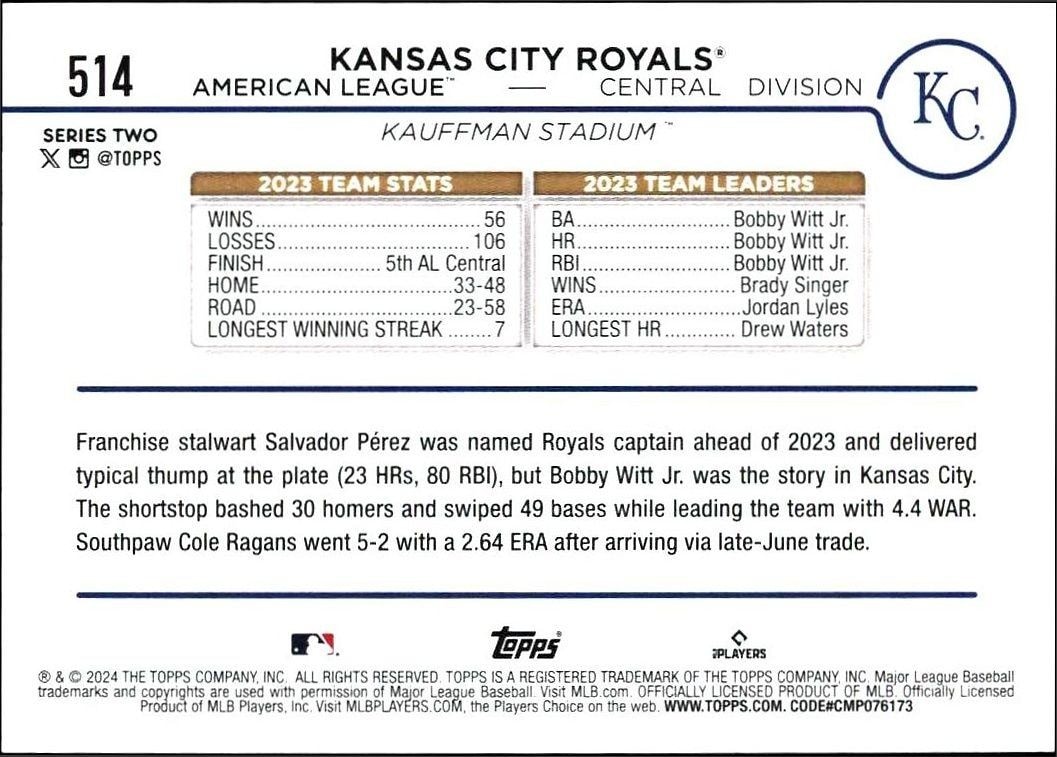 2024 Topps Series 2 Kansas City Royals #514 baseball trading card back