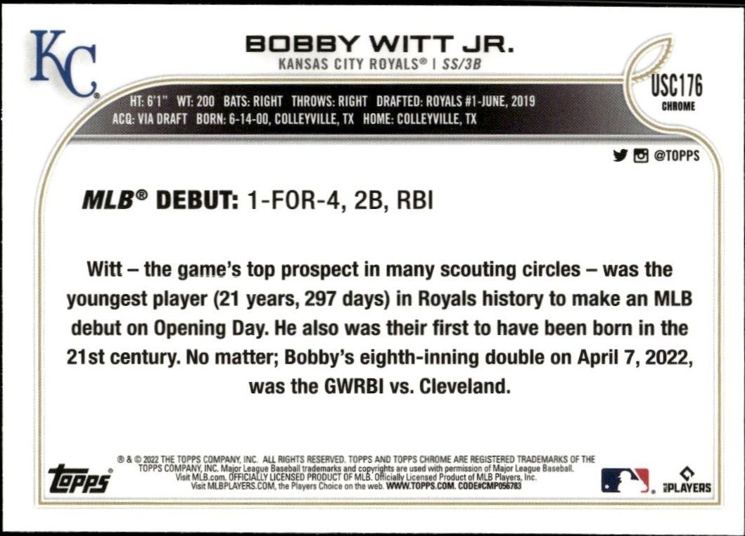 2022 Topps Chrome Update Bobby Witt Jr. #USC176 baseball trading card back