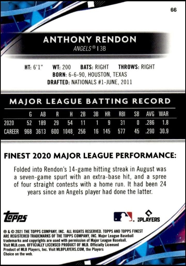 2021 Topps Finest Anthony Rendon #66 baseball trading card back
