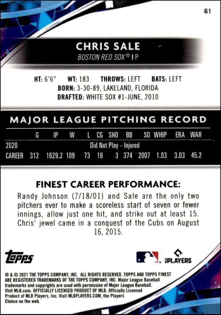 2021 Topps Finest Chris Sale #61 baseball trading card back