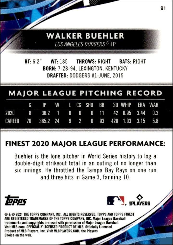 2021 Topps Finest Walker Buehler #91 baseball trading card back