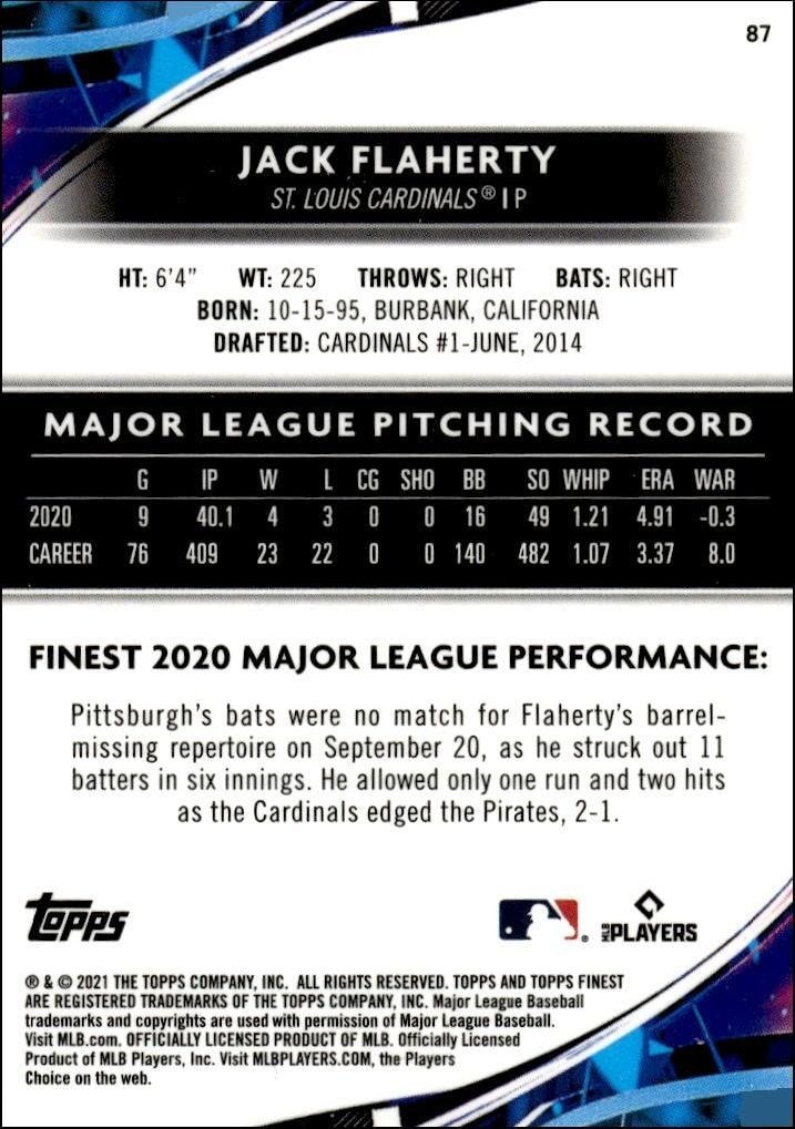 2021 Topps Finest Jack Flaherty #87 baseball trading card back